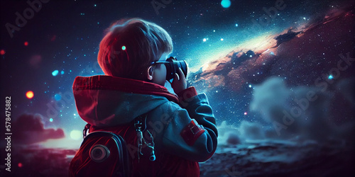 a kid watch to galaxy sky  midnight time  idea for imagination Generative AI