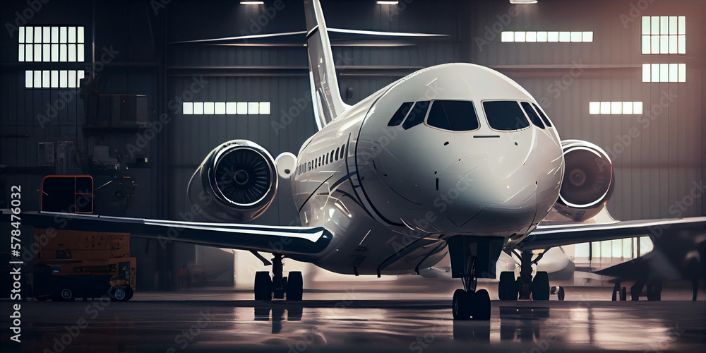 image of a white private jet that is in the hangar waiting for passengers,Generative AI image of a white private jet that is in the hangar waiting for passengers,Generative AI