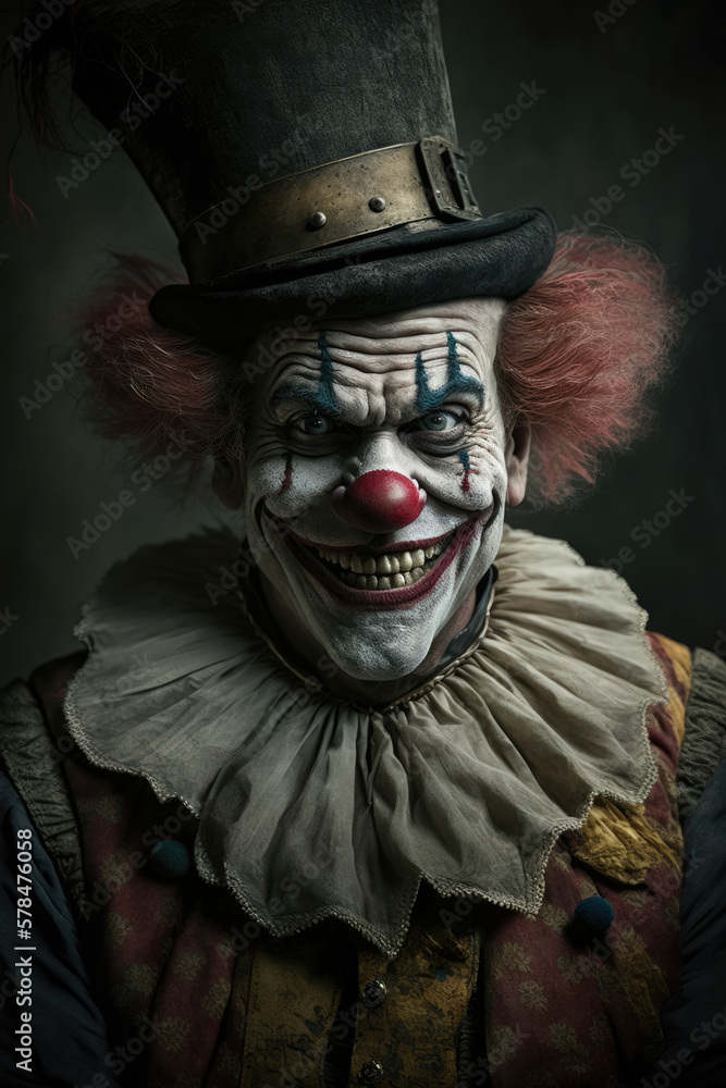 Portrait of a laughing creepy clown created using Generative AI.
