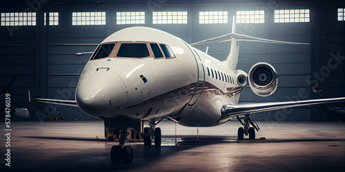 image of a white private jet that is in the hangar waiting for passengers,Generative AI