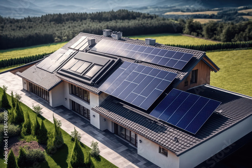 Wallpaper Mural Sustainable Living in the Valley. Private House with Solar Panels. Generative Ai Torontodigital.ca