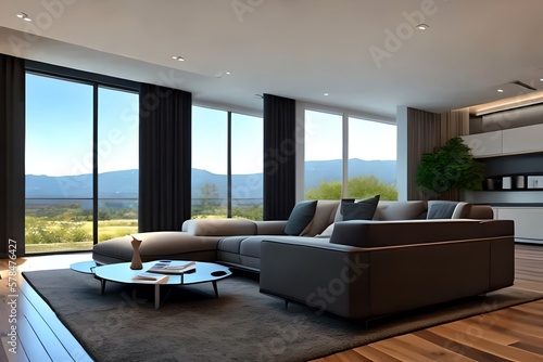 Modern Livingroom With Big French Windows. Generative AI
