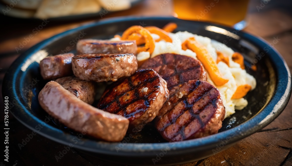 a plate of sausages, mashed potatoes, and onions on a wooden table next to a glass of beer and a glass of beer. generative ai a plate of sausages, mashed potatoes, and onions on a wooden table next to a glass of beer and a glass of beer. generative ai