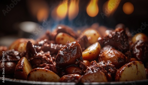  a close up of a plate of food with meat and potatoes on it, with a fire in the back ground behind the plate, and a blurry background.  generative ai