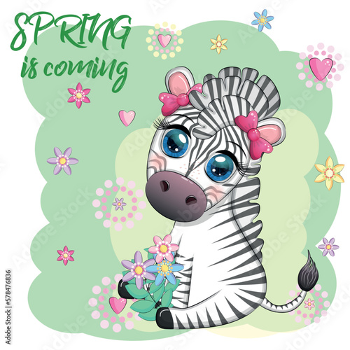 Striped zebra in a wreath of flowers  with a bouquet. Spring is coming