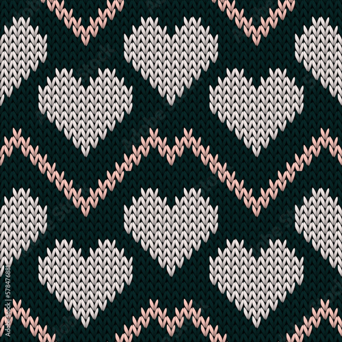 Fair isle heart knit nordic vector seamless pattern. Knitting imitation valentine