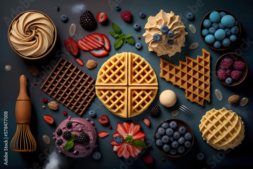 Waffles with many ingredients. Generative AI photo