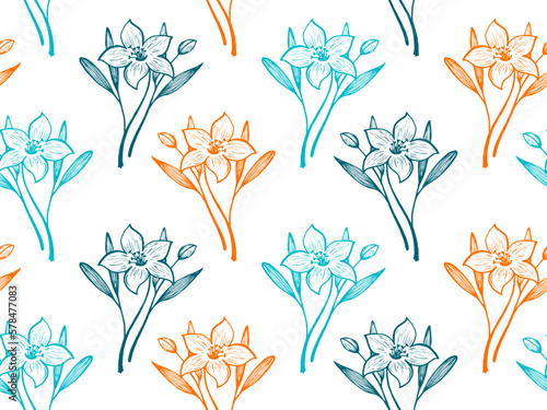 Daffodil or lily flowers vector seamless pattern textile print summer design.