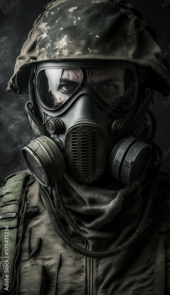 A soldier in a gas mask on the battlefield. War concept. Generative AI
