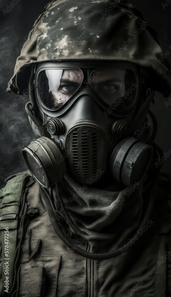 A soldier in a gas mask on the battlefield. War concept. Generative AI A soldier in a gas mask on the battlefield. War concept. Generative AI