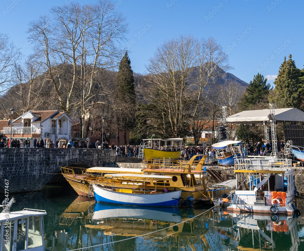 Boats on the calm water of the lake - about February 2023, Virpazar, Montenegro