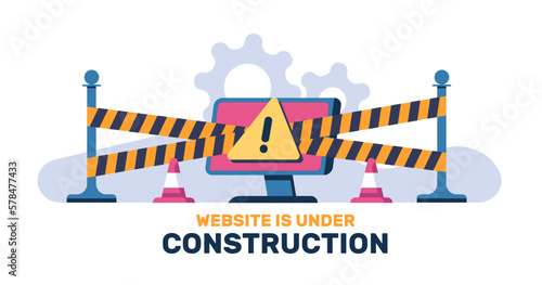 Website is under construction. Computer operating system repair. Web page malfunction. Alert sign. Broken software. Striped barriers. Internet service reconstruction. Vector concept