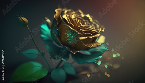 Half painted rose, golden rose, painting of flowers and leaves on a golden background photo