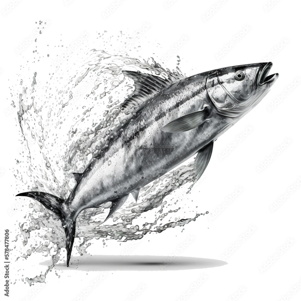 an illustration of a jumping sardine fish with water splashes on transparent background Stock