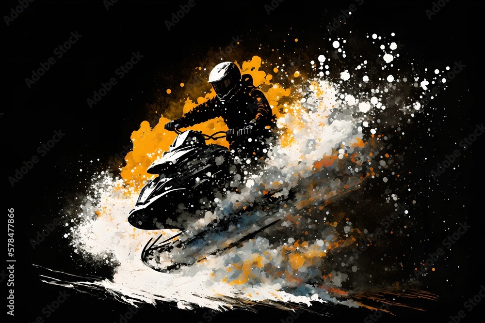 Man riding snowmobile, painting splash, Generative AI	