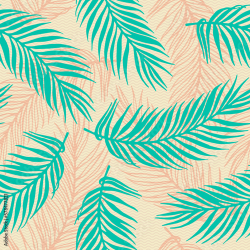 Seamless tropical palm leaves vector pattern. Botanical design over waves