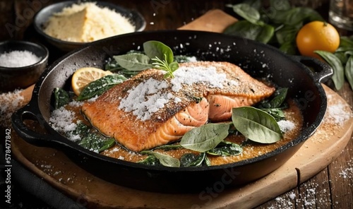  a skillet with salmon and spinach on a wooden board.  generative ai