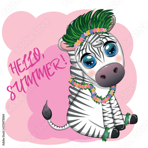 Cute zebra in hula dancer costume  Hawaii  child character. Summer holidays  vacation