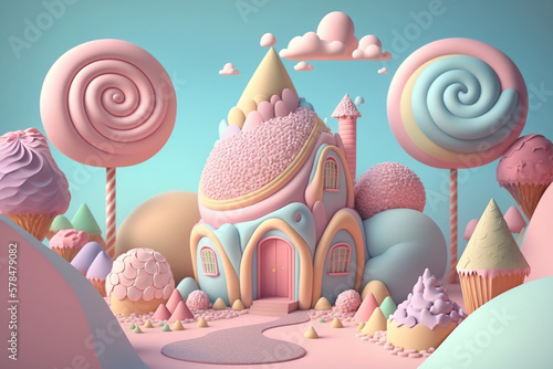 Cupcake Candyland Houses. 3D Render, Generative Ai.