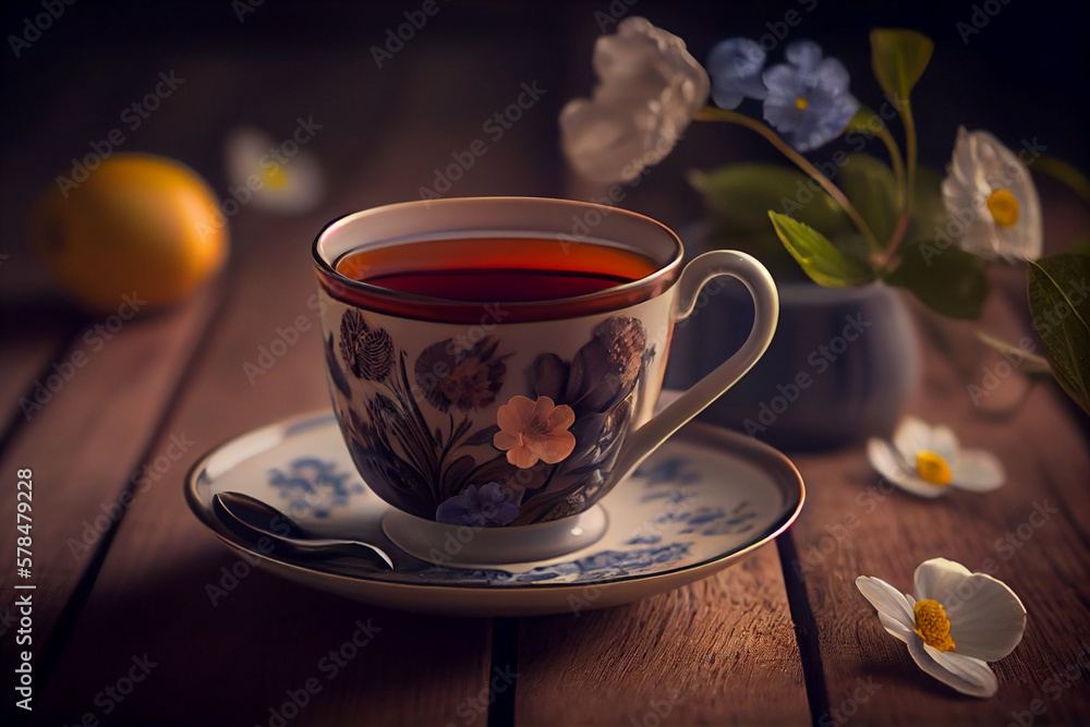 Fototapeta premium cup of tea on the table with flowers.generative ai