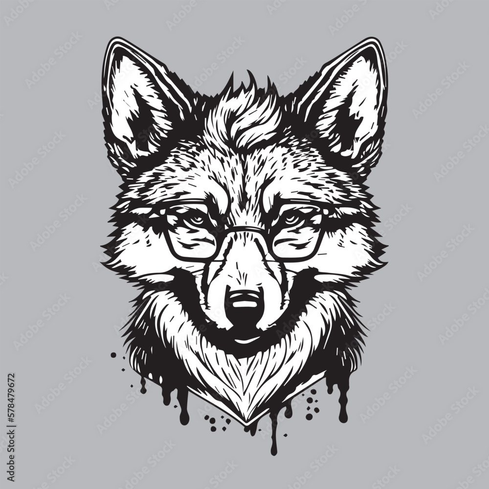 Portrait of a Wolf in a suit. Black and white vector illustration