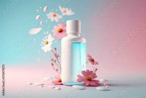 White cosmetic bottle mock up on the pastel background with flowers, Generative AI