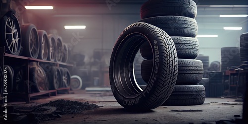 A tyre at the repair shop, service garage background, car fixing - generative ai