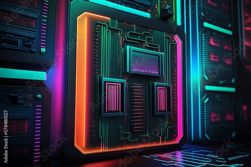 neon colors electronic circuit board. Ai generative
