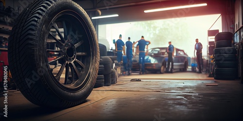 A tyre at the repair shop, service garage background, car fixing - generative ai © Infinite Shoreline