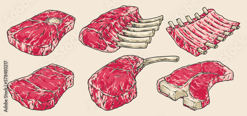 Beef steaks labels set colorful