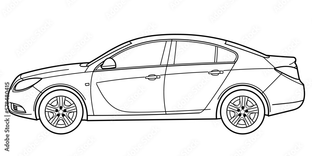 Classic sedan car. 5 door car on white background. Side view shot. Outline doodle vector illustration