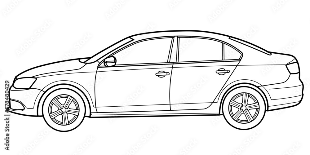 Classic sedan car. 5 door car on white background. Side view shot. Outline doodle vector illustration