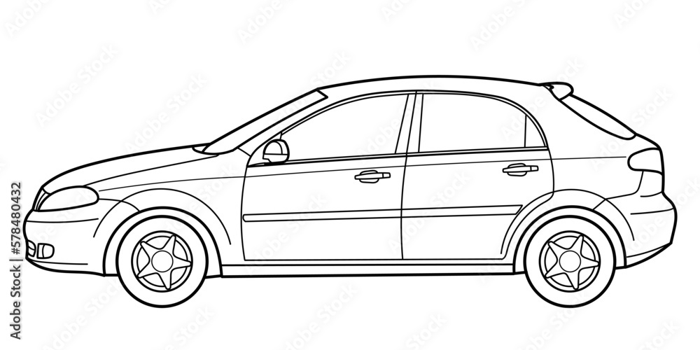 Outline drawing of a hatchback car from side view. Vector outline doodle illustration. Design for print or color book