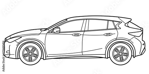 Outline drawing of a hatchback car from side view. Vector outline doodle illustration. Design for print or color book