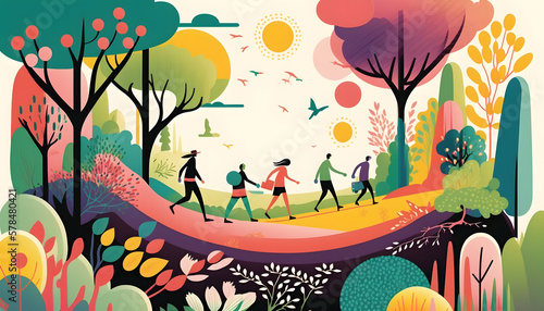 Colorful spring landscape with happy people  illustration. Generative AI