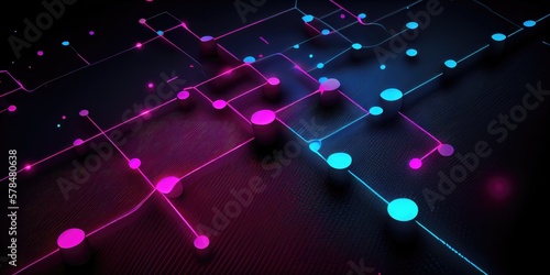 Abstract dot point connect with gradient line, neon blue and pink colors on a dark background, technology banner, big data, network, cloud, computing - generative ai