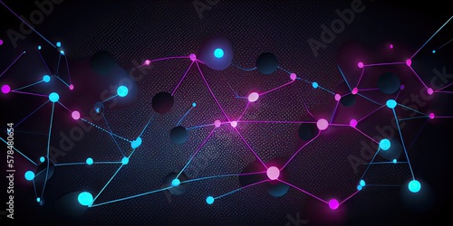 Abstract dot point connect with gradient line, neon blue and pink colors on a dark background, technology banner, big data, network, cloud, computing - generative ai