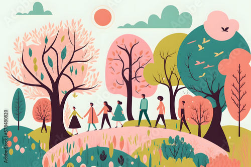 Spring landscape with happy people  illustration. Generative AI