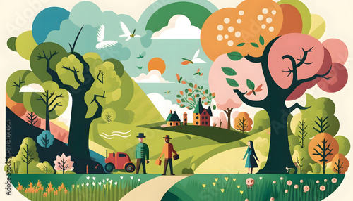 Spring landscape with happy people, illustration. Generative AI
