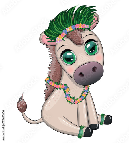 A cute donkey in a flower wreath with a guitar, a hula dancer from Hawaii. Summer card for the festival, travel banner photo