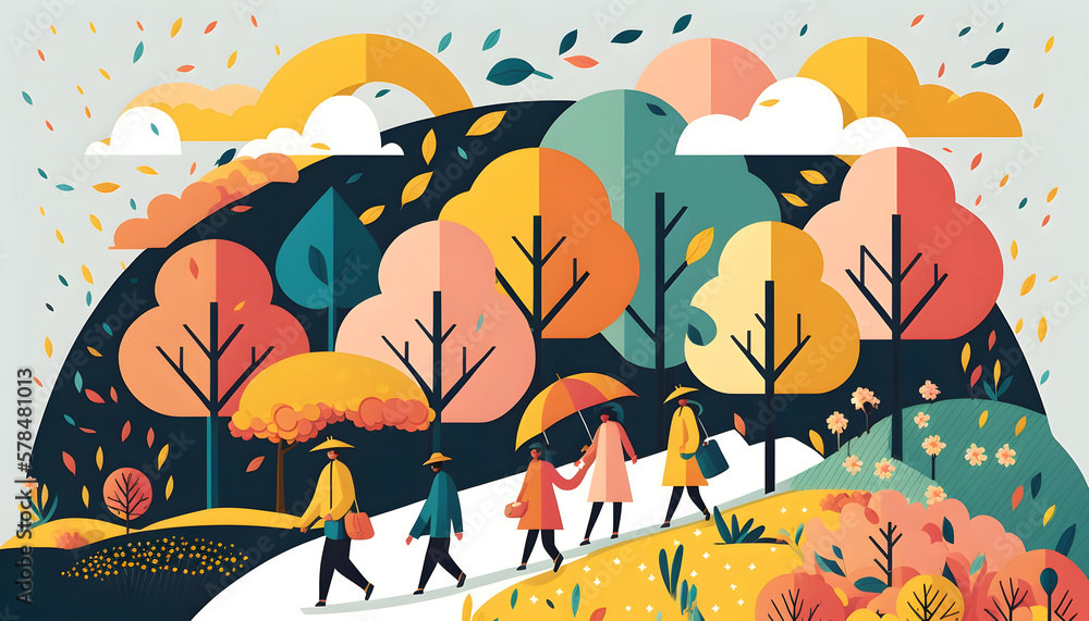 Spring landscape with happy people, illustration. Generative AI Spring landscape with happy people, illustration. Generative AI