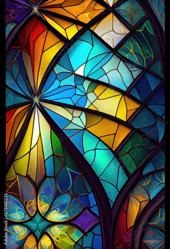 Heavenly colorful stained glass pattern, abstract pattern, church window artwork - generative ai