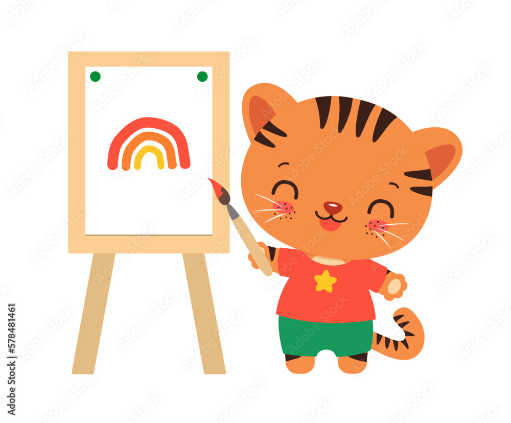 Kawaii tiger. Cute tiger cub artist drawing with paint brush and easel