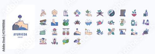 Ayurvedic treatment icon set, including icons like Fish spa, Massage, spa and more