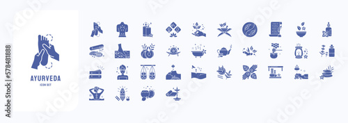 Ayurvedic treatment icon set, including icons like Fish spa, Massage, spa and more