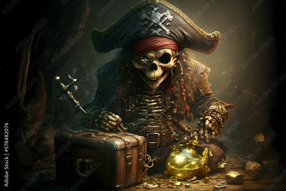 Fototapeta premium Monkey pirate with treasures, Generative AI
