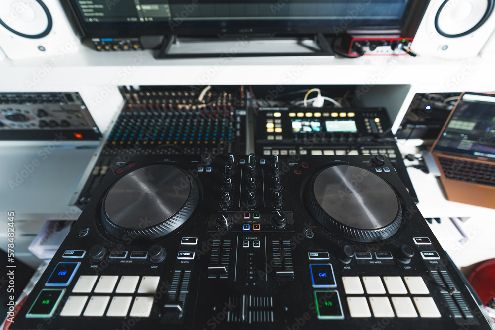 Obraz premium home studio, sound synthesizers and mixer electronic device. High quality photo