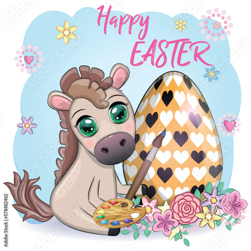Fototapeta Naklejka Na Ścianę i Meble -  Cute horse with an Easter egg. Easter character and postcard