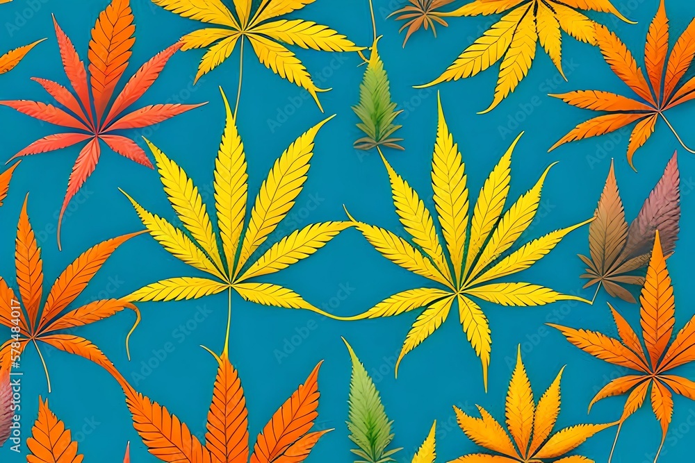 Colorful Marijuana Leaves On Turquoise Background. Art. Deco Style. Illustration. Creative Digital Drug Art. Set Cannabis Or Ganja Leaf Multi-Colored Wallpaper. Generative AI