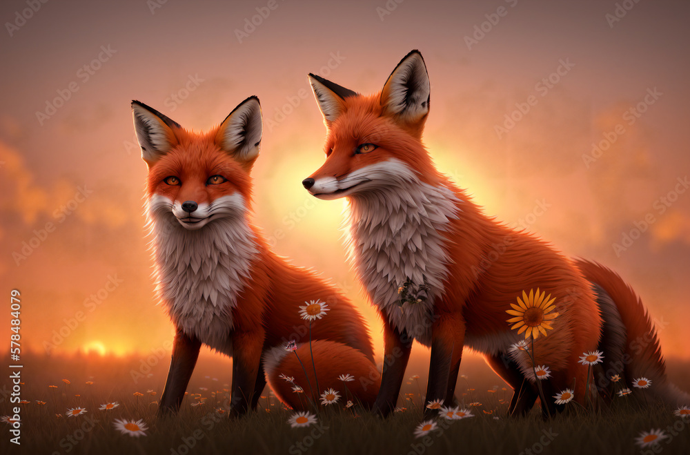 Obraz premium Cute fox on green lawn with daisies at sunset. Beautiful cunning animal on green grass with wild flowers, chamomiles. Generative AI.